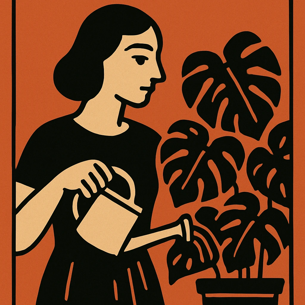 woman watering her monstera plant emoji