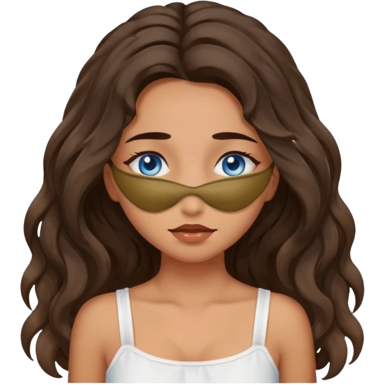 Girl with olive skin, blue eyes, brown dark insanely wavy long hair, white camisole, covering eyes emoji