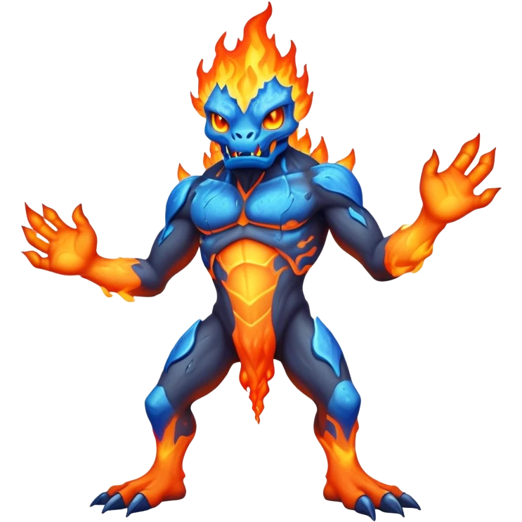 a mystical fast lava creature without arms with molten lava on its head and some rocky shoulders, fire crystals, blue flames, fire legs, no background emoji
