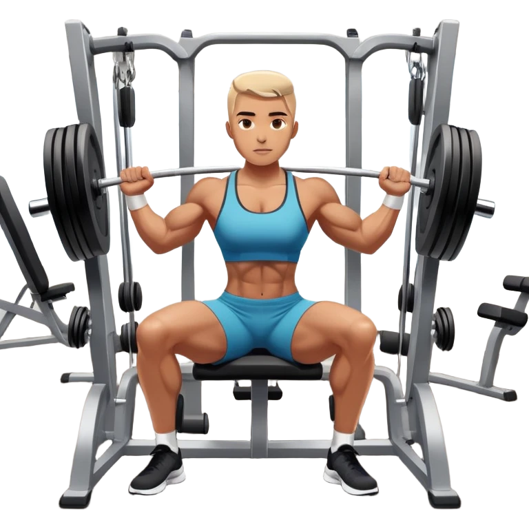 A focused athlete working out on a strength training machine in a modern gym. Muscles engaged, expression determined, demonstrating power and endurance. The gym is filled with equipment like dumbbells, barbells, and mirrors reflecting effort, creating a high-energy atmosphere. emoji