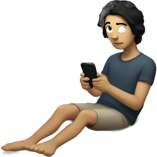 A white person with black hair sits on the edge of a bed, looking at their phone in a softly lit room, with the full bed and surroundings in view." emoji