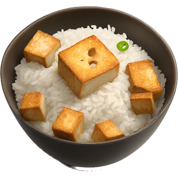 a bowl with white rice and crispy sesame tofu emoji