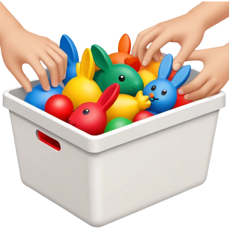 hands placing colorful toys into a storage bin, simple and friendly emoji