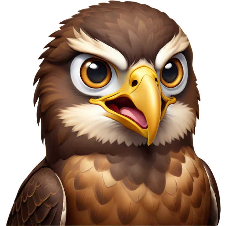 Cinematic Comical Hawk Portrait Emoji, Head tilted dramatically with an exaggeratedly shocked expression, featuring a sharply defined beak and wide, comically expressive eyes full of playful disbelief, Simplified yet hilariously expressive features, highly detailed, glowing with a slightly sassy glow, high shine, dramatic yet playful, stylized with an air of cheeky aerial mischief, soft glowing outline, capturing the essence of a meme-worthy hawk that looks ready to side-eye its way into viral fame! emoji