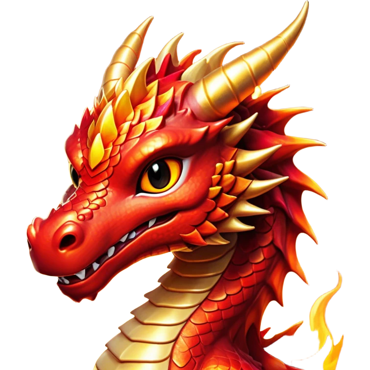 Cinematic Cute Fierce Fire Dragon Portrait Emoji, Head tilted playfully and inquisitively, showcasing a robust, flame-embellished form with intricately detailed scales in vibrant reds and glistening golds, accented by flickering ember highlights and a warm, inviting glow; rendered with lifelike detail and radiant natural light, high shine, spirited yet endearing, styled with a touch of blazing whimsy, soft glowing outline, capturing the essence of a mischievous yet charming inferno that seems ready to dance with playful fire! emoji