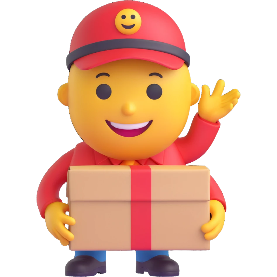 3D smiley emoji, round shape, postman: wearing postman hat, holding package, funny face emoji