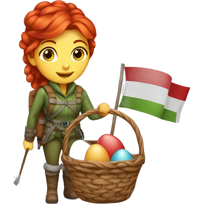 female winter mountaineer red hair with red easter egg basket and greek flag emoji