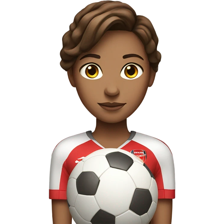 Pretty woman with medium brown hair holding a soccer ball and wearing an Arsenal jersey emoji