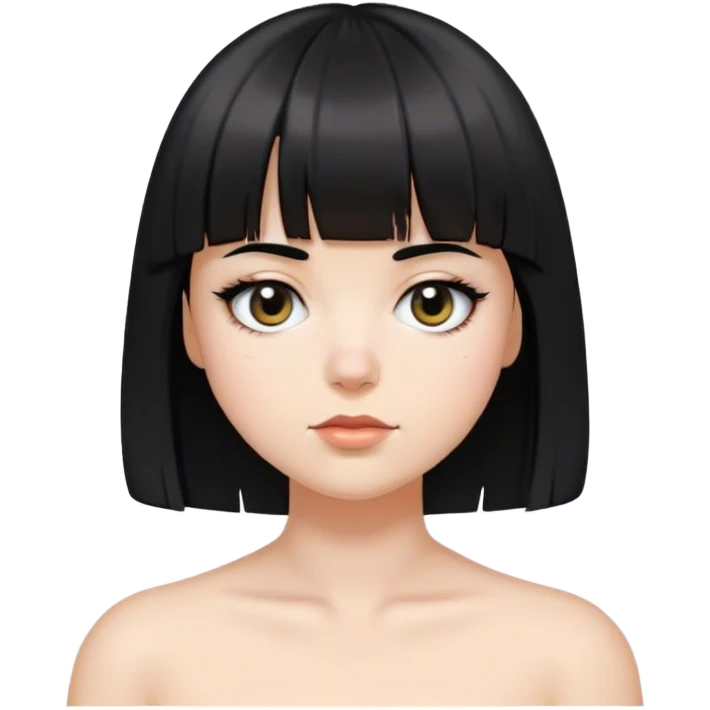 Chica blanca con el pelo cortó negro lacio y con un flequillo, el pelo es a los hombros, ojos negros, y un pequeño lunar debajo del ojo izquierdo  emoji