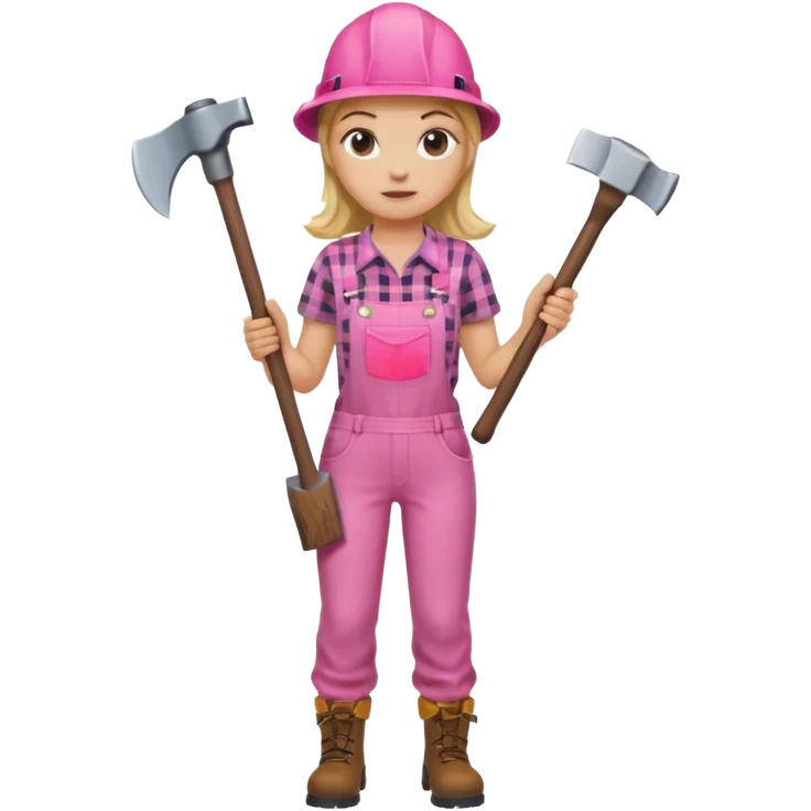lumberjack blonde woman holding axe pink checked shirt and overall emoji