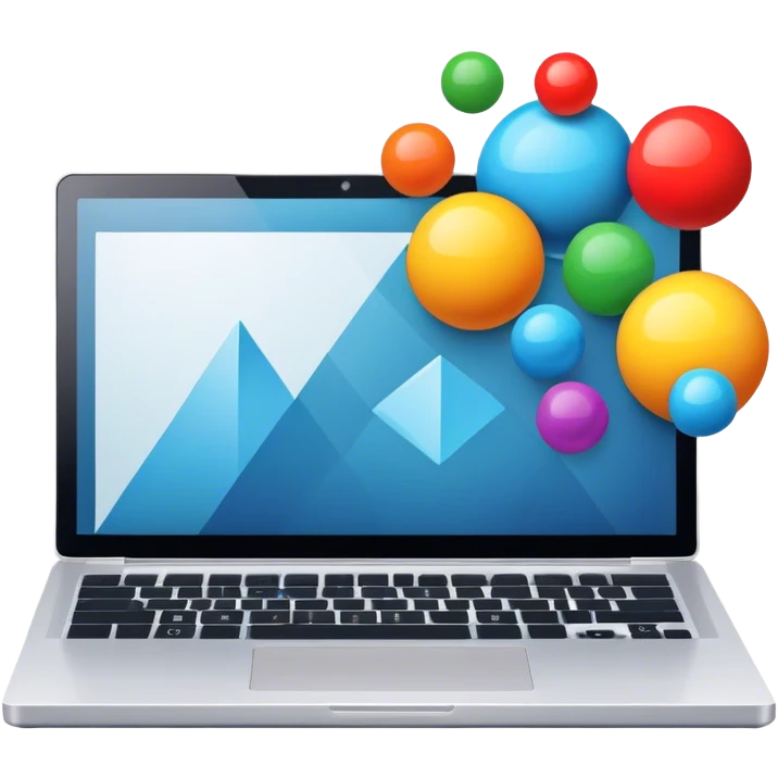 Professional icon for Graphic Design: a laptop with Photoshop open on the screen, displaying geometric shapes like spheres, cubes, and pyramids, along with a stylus. The icon should reflect the creative process in graphic design. Transparent background. emoji