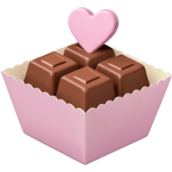 Two square milk chocolate , Each praline is a sharp-edged cube with smooth glossy chocolate coating, placed in a small white fluted paper candy cup. On top of each cube is a flat pastel pink heart-shaped icing emoji