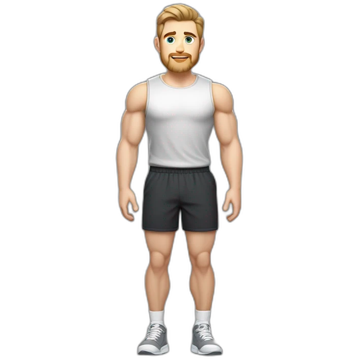 Full height Pale skinned fit man With biceps, Realistic eyes and mouth, light brown hair and stubble In dark gray sleeveless mike, black oversize sports shorts, watch and white sneakers. emoji