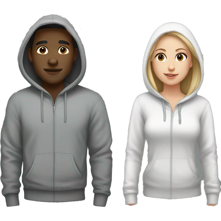 Black man and white girl couple in grey hoodies with hoods  emoji