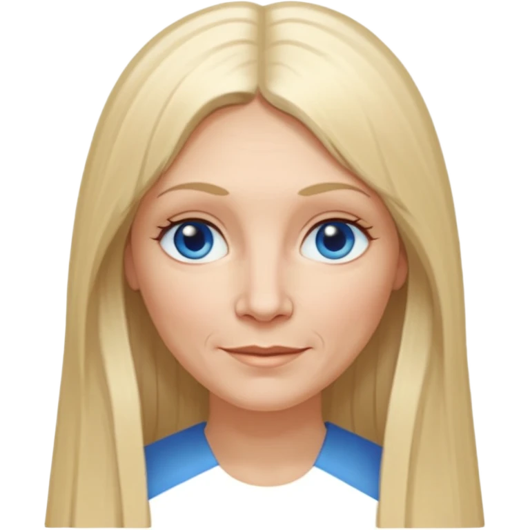 50 yr old white woman, hippe part bangs, very long straight blond hair, oval face, small smile, blue eyes, thin face, hair downback, hair parted at center of head, round cheeks, pale, longer hair emoji