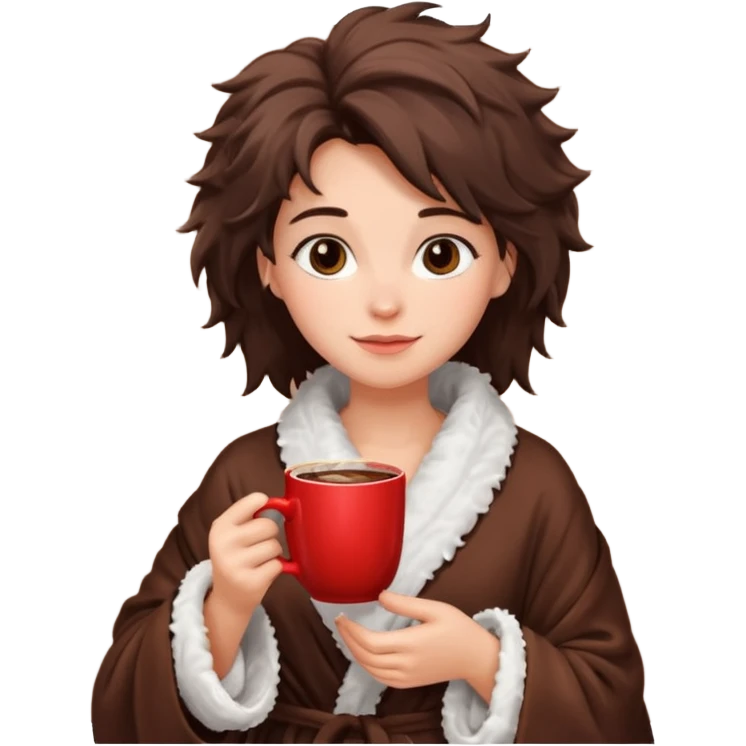 {
      "type": "human",
      "look": "fluffy robe woman, messy hair, holding cup of cocoa",
    } emoji