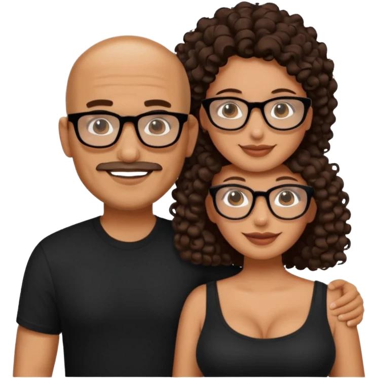 A picture of a happy tanned couple. the man is a Mexican man with tanned skin, a bald hair cut, short beard and wearing a black shirt. the woman is mixed, wearing black rectangle glasses, with long curly dark brown hair and with big boobs  emoji