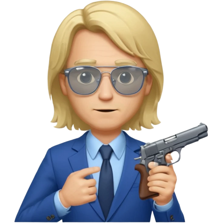 A blond man in a blue suit with a Colt pointing forward. The audience , and long hair and Rayban glasses emoji