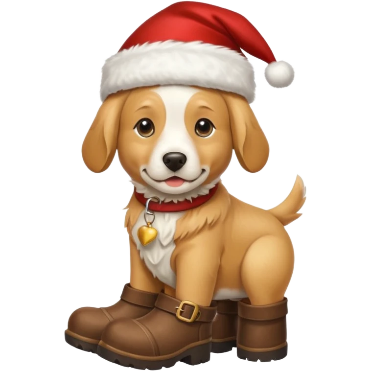 A dog wearing a Santa hat with cow boots on emoji
