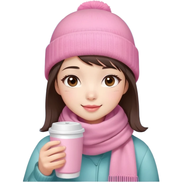 Cute East Asian girl, soft fair skin, big brown eyes, long lashes, natural pink lips, inward brown bob with straight bangs. Wearing pink beanie and scarf, rosy cheeks, shy smile, holding warm drink, snow,  emoji
