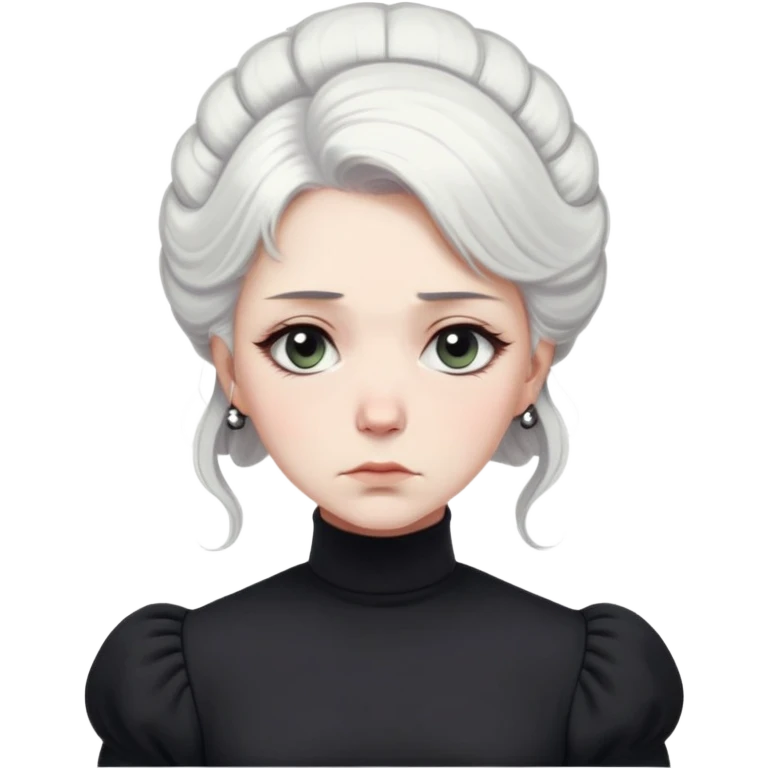 A Victorian woman with simple coiffed white hair and light eyes wearing a simple monochrome black turtleneck mourning dress with puffed sleeves looking down with a forlorn, miserable expression emoji