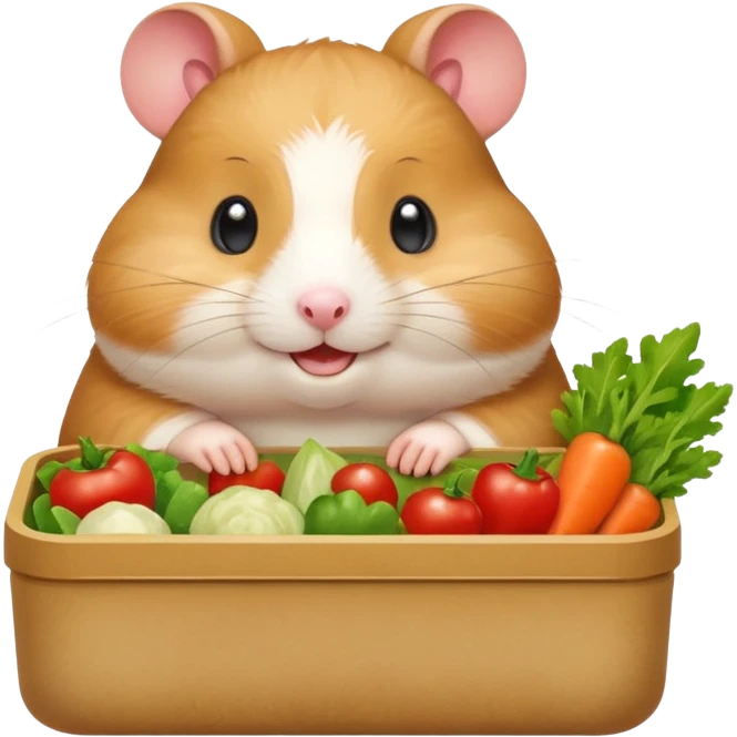 Cute chubby cartoon-style hamster holding a small bento box filled with vegetables, smiling proudly. Soft painterly shading, white background, sticker-style illustration emoji