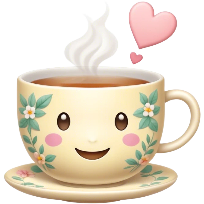 Cute Kawaii Tea Cup, steaming with warmth, a charming smiling face, soft pastel tones, delicate floral patterns, a tiny heart-shaped tea bag tag, cozy and inviting! emoji