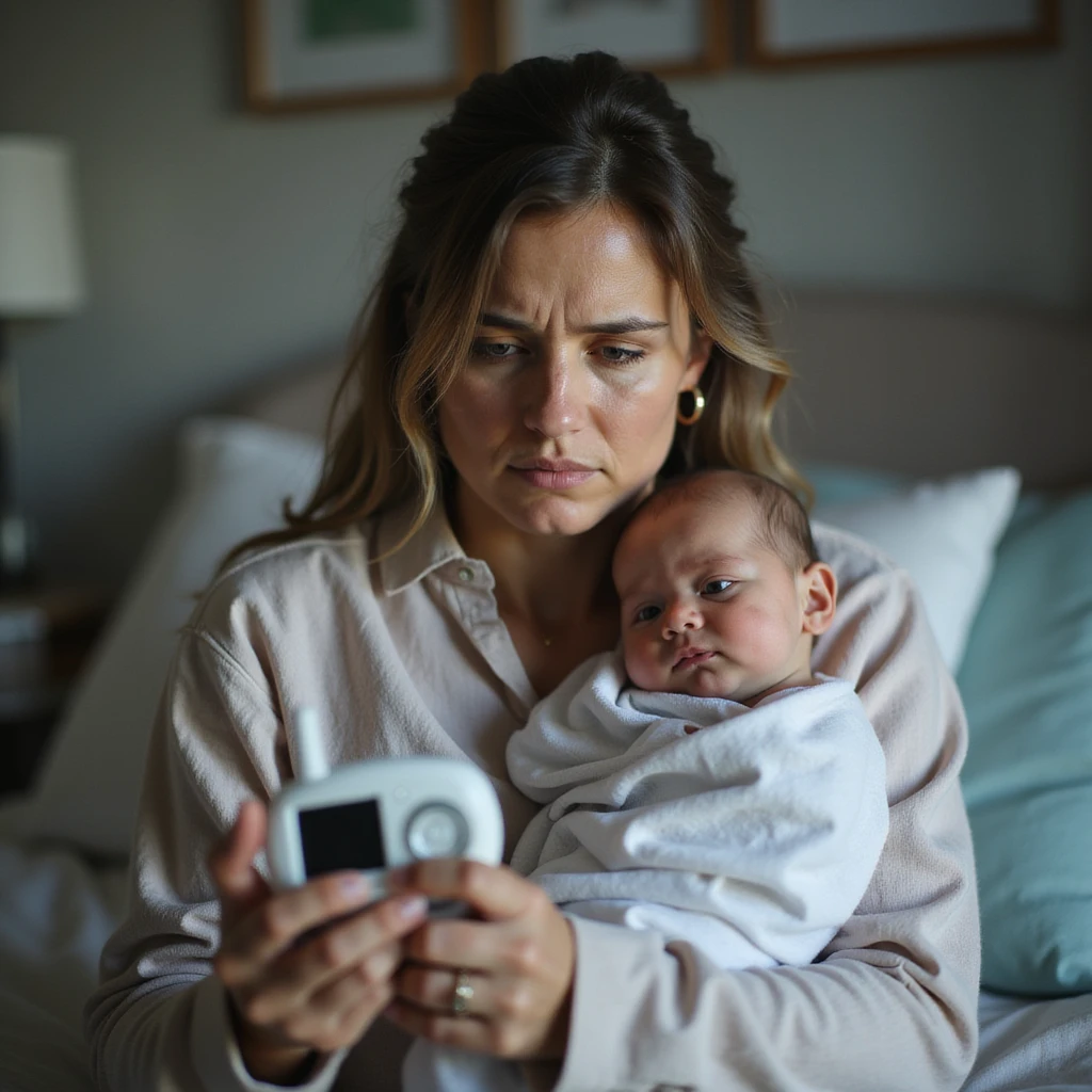 hyperrealistic 4K image of new mother holding baby monitor tightly, scanning nursery full of safety equipment, dark circles under eyes, anxious and tired, detailed and safe environment emoji