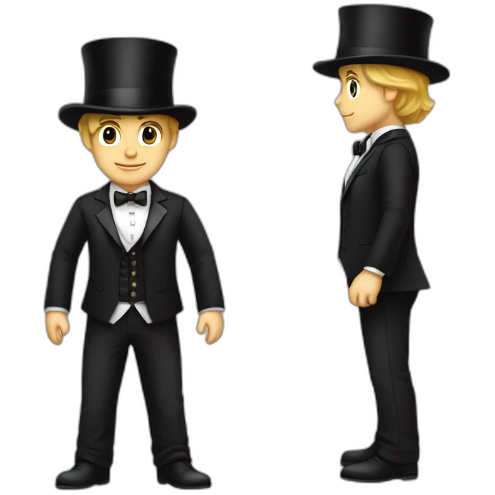 Full body young man white bow, white bow, white bow tie, black suit and top hat, emoji