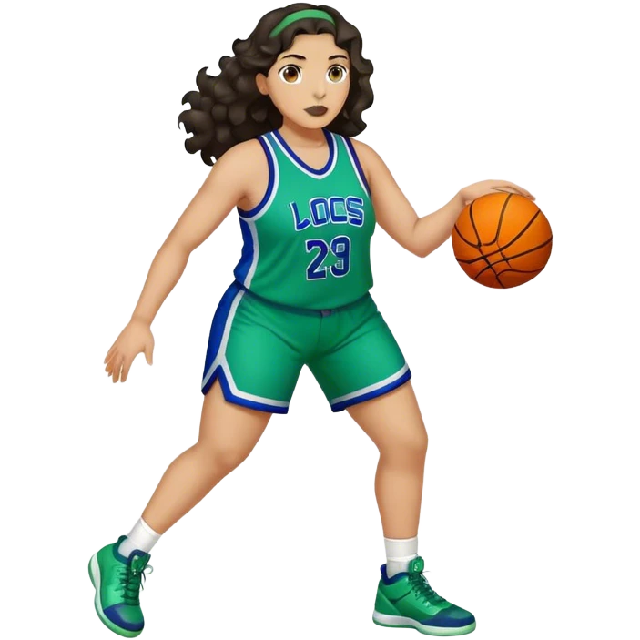 full body plus size light skin latino women basketball player with wavy dark hair large widenose wearing blue and green uniform emoji