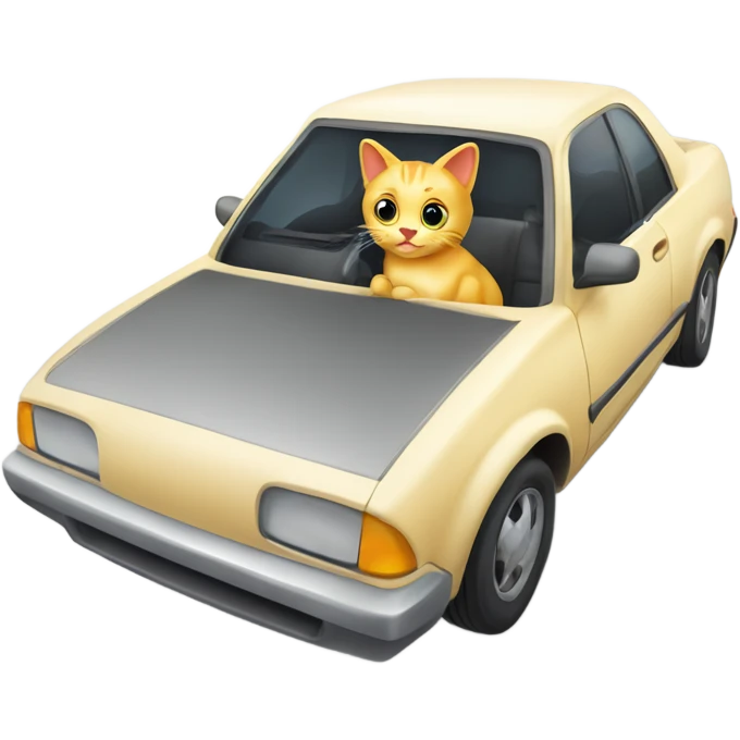 A cartoon emoji-style car with a curious cat peeking out from the open hood of the engine compartment. emoji