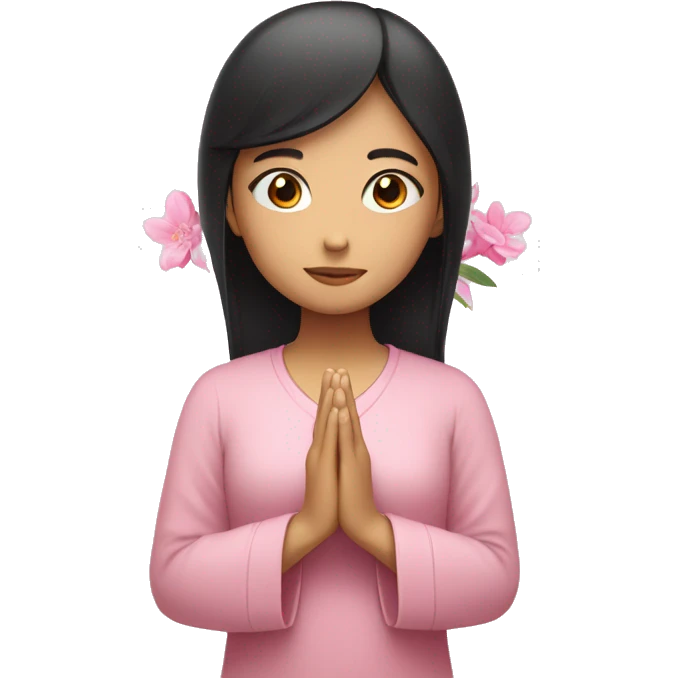asian girl with black straight hair praying with pink flora  emoji