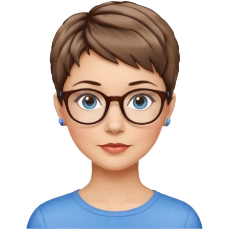 Frau, braun balayage, kurzhaarfrisur Pixie schnitt, blaue Augen, mittleres alter emoji