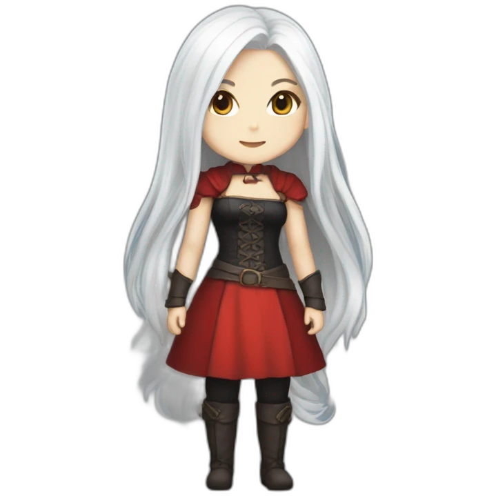 rpg-girl-with-long-straight white-hair-and-red-dress and black tights like chibi emoji