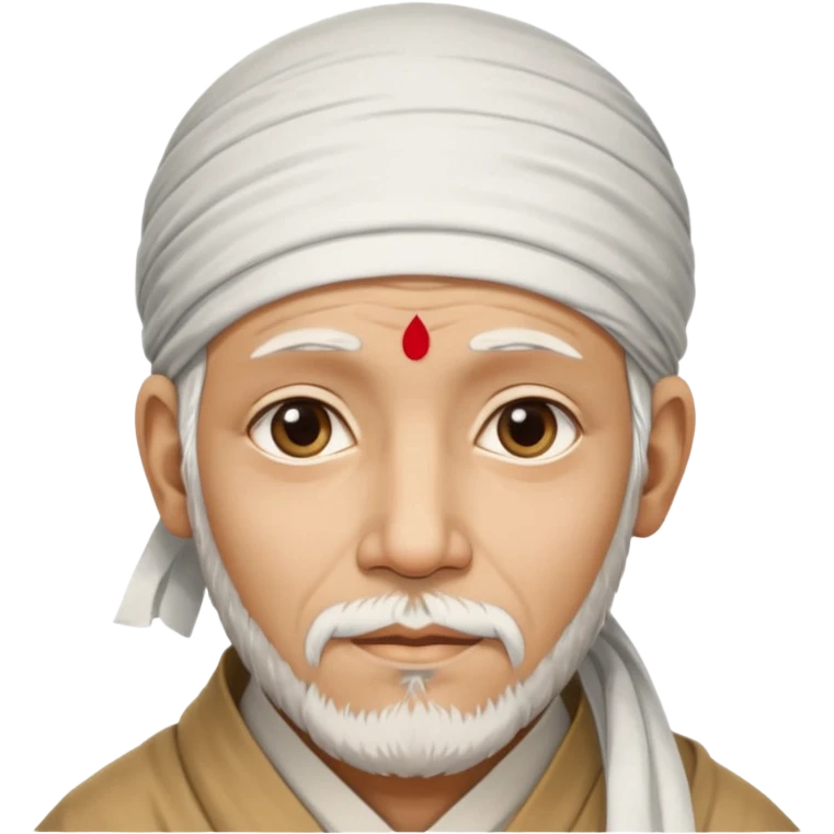 Saint Shirdi Sai Baba, close-up face, white beard, headscarf, warm and compassionate eyes emoji