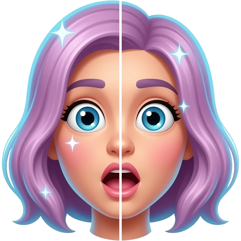 Emoji showing big transformation and wow effect, surprised face with sparkles, glowing, vibrant neon colors, before-after vibe, dynamic and eye-catching emoji