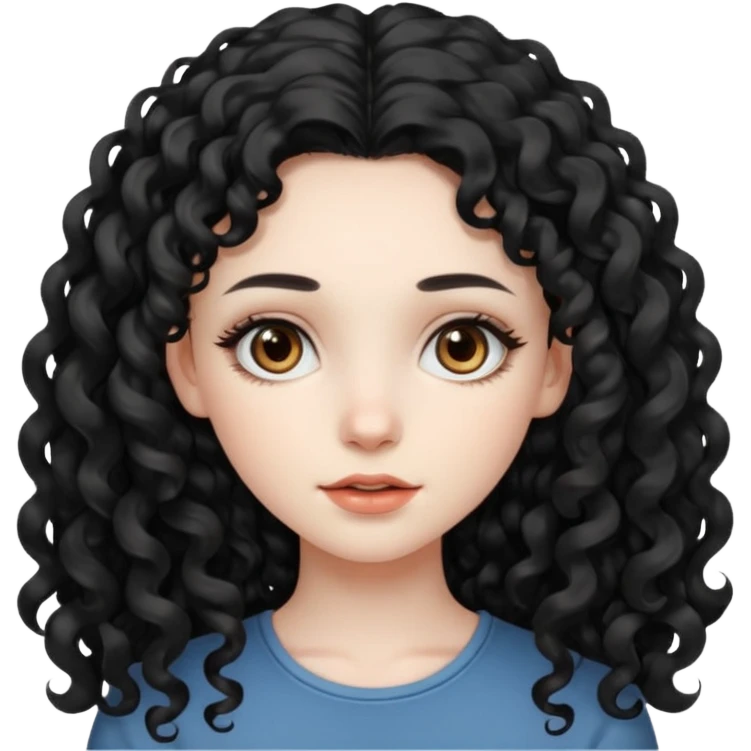 Beautiful girl, long black hair, curly hair, deep brown eyes, pale skin emoji