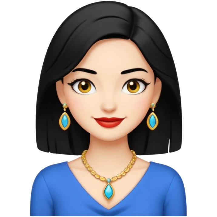 A confident, stylish female cartoon character with black hair, sly smile, flirtatious eyes, elegant pose, jewelry hints, minimalist, high-contrast colors, designed as a small, bold emoji icon. emoji