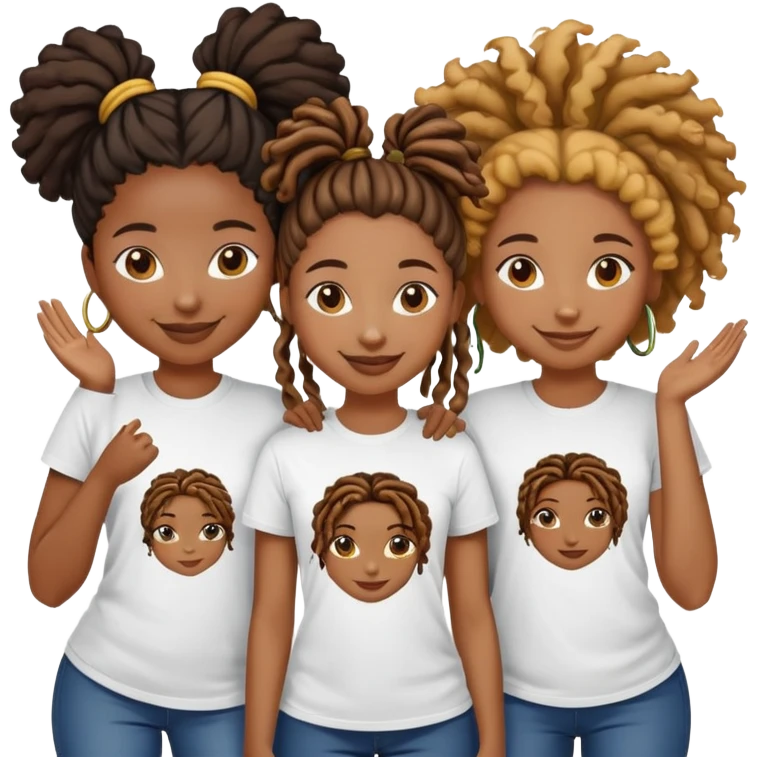 Can you make an emoji of 3 black girls 2 with locs 1 with a curly ponytail smiling wearing tshirts that says AIC emoji