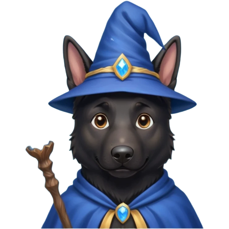 all black german shepherd face wearing a wizard hat and staff and magic swirling around him emoji