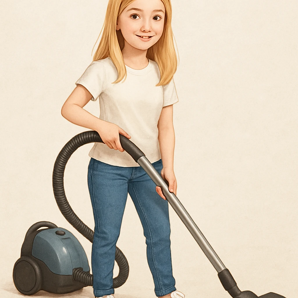 white girl with blonde hair holding a vacuum cleaner, style 3 emoji
