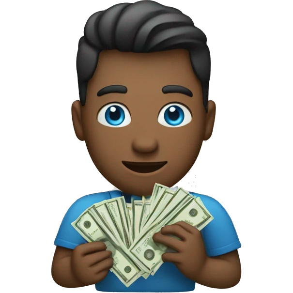 A man with blue eyes with a lot of money and a money bag in his right hand and cash in the other hand  emoji