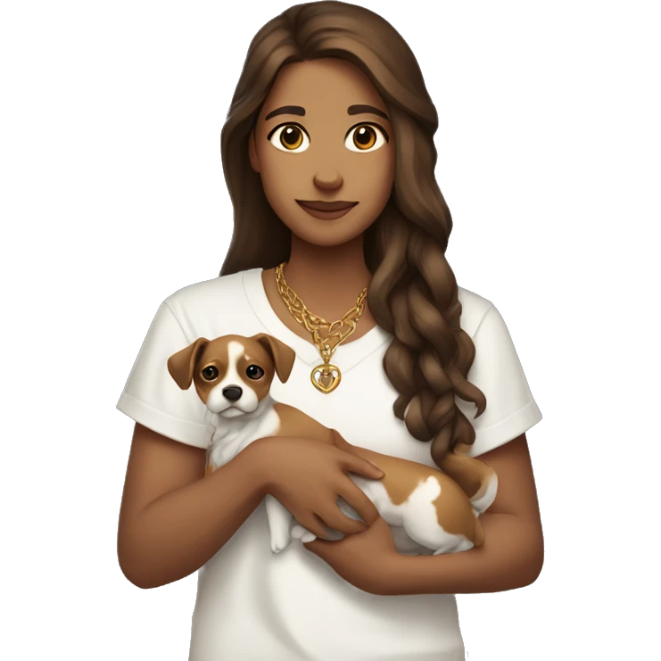 Long brown hair and light skinned holding a small dog and with a God necklace with a white shirt? emoji