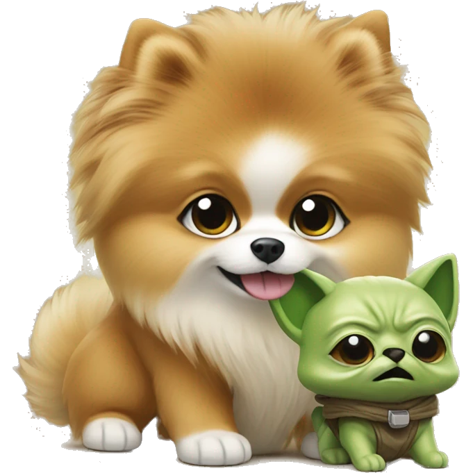 Pomeranian playing with yoda plush emoji