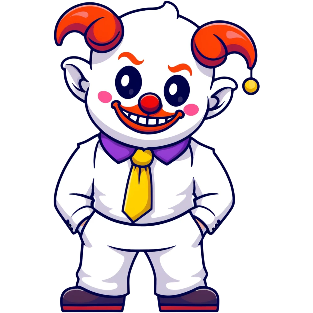 full-body demonic clown in a white leisure suit with bellbottom pants, bald, black ram horns, flashy belt, ruffled shirt, colorful tie, no elevator shoes emoji