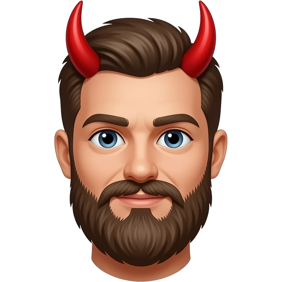 man with beared and hair spice devil with red devil horns emoji