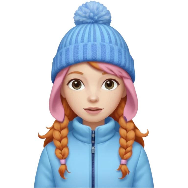 Ginger long hair lady with pink and blue pastel jacket and blue pastel winter hat emoji