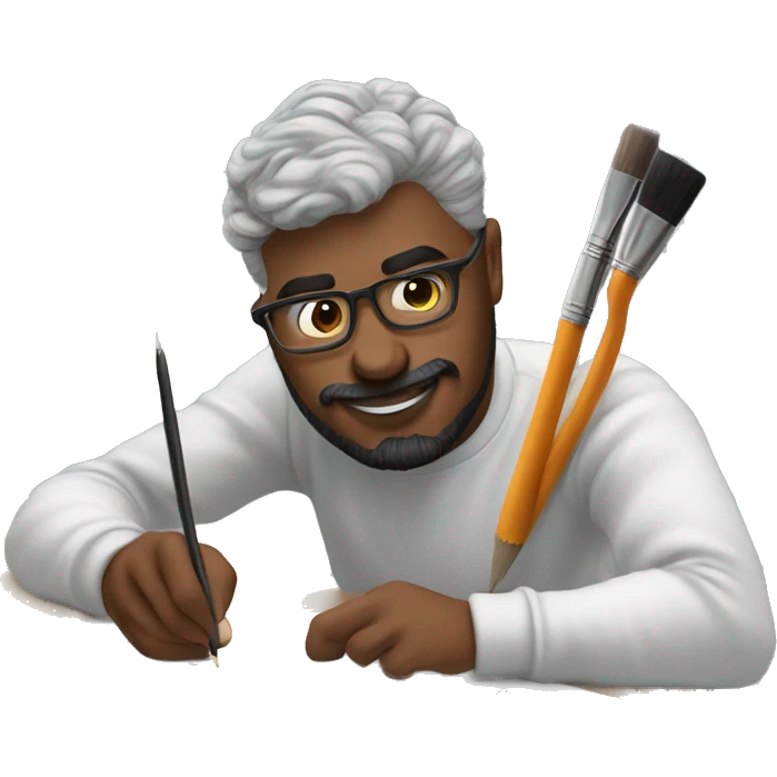 👨‍🎨📱✍️ A creative man is focused, drawing on an iPad with a stylus. , using the iPad placed on a table. with art tools like brushes and pencils around him. 🎨 emoji