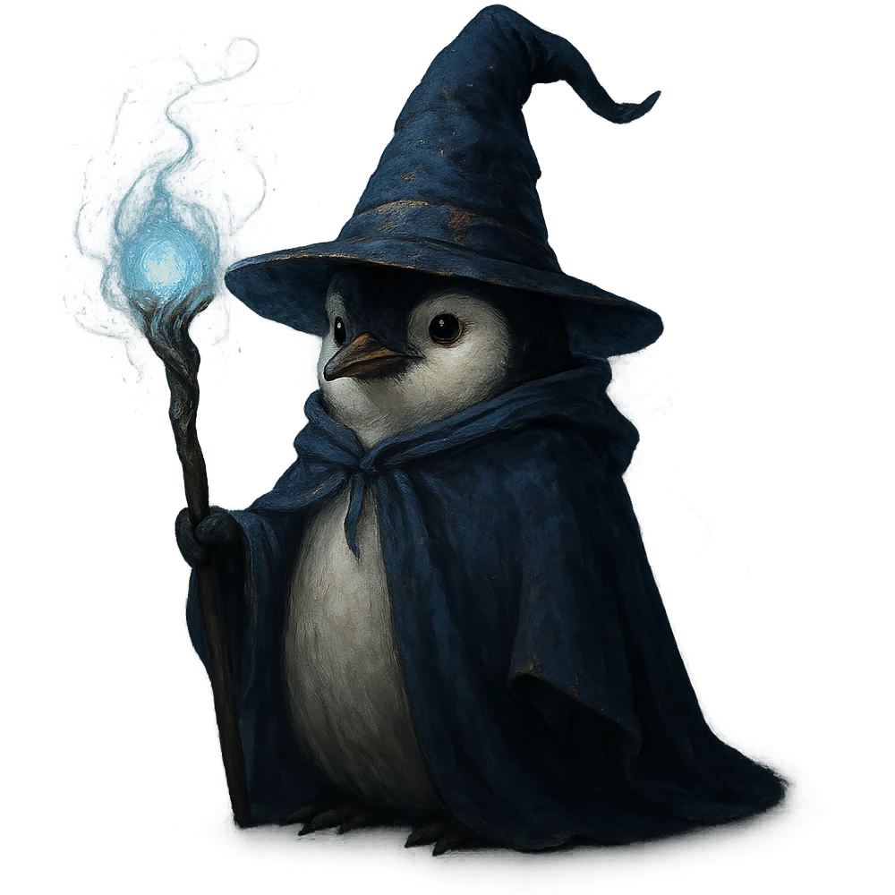 penguin wizard, magical staff, wearing a wizard hat, mystical atmosphere emoji
