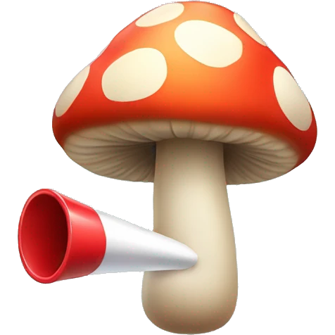 Small personified cartoon mushroom blowing a party blower. Showing only its mushroom like head. emoji